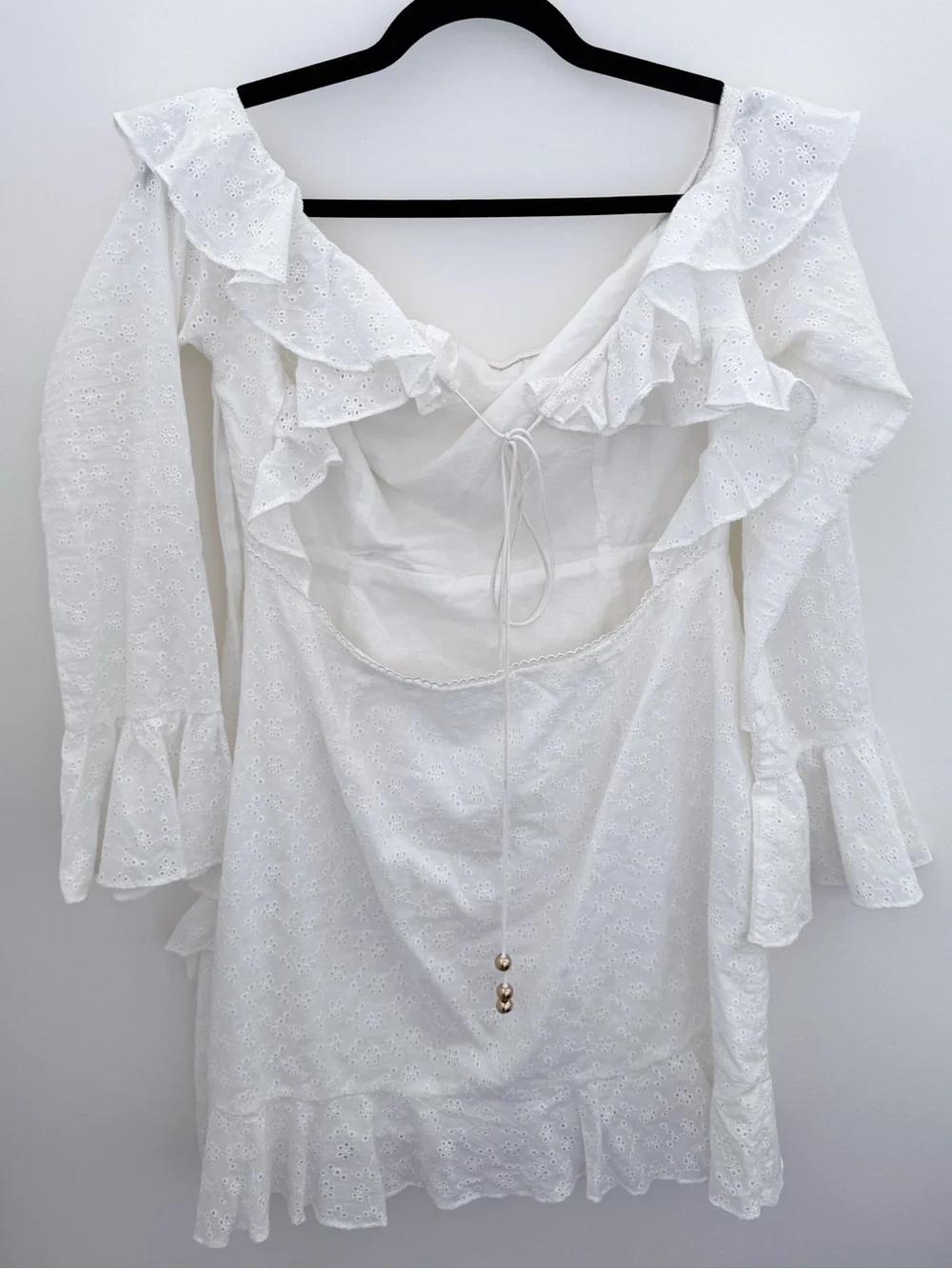 SABO LUXE White Eyelet Ruffle Mini Dress | Open Back | 100% Cotton | Size L - Picture 4 of 13